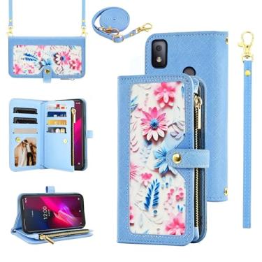 Imagem de Furiet Capa carteira floral para T-Mobile Revvl 4 com alça de pulso, alça de ombro flip com zíper, suporte para cartão, capa para celular Tmobile Revvl4 T Mobile Revell Four TCL Revll4 feminina azul