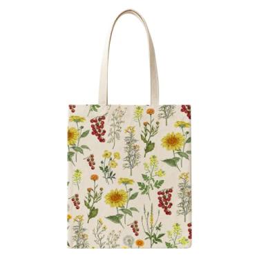 Imagem de WIRESTER Sacola reutilizável de lona para mulheres e meninas, bolsa de praia, bolsa de compras de supermercado, bolsa de ombro, bolsa de viagem - girassóis de flores silvestres