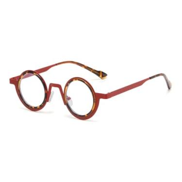 Imagem de Óculos de sol retrô redondos pequenos de metal punk, feminino, com lentes transparentes, UV400, masculino, armação dupla (vermelho, leopardo, transparente)