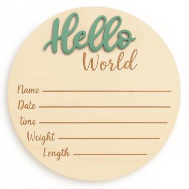 Imagem de KEMINA BLANKETS Placa De Anúncio De Bebê – Placa De Madeira De 6” Hello World Com Nome De Recém-Nascido, Placa De Estatísticas De Nascimento De Hospital, Lembrança De Boas-Vindas De Bebê Neutra Em T