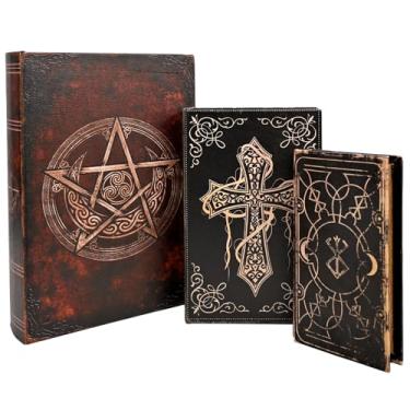 Imagem de Conjunto de caixas de livro góticas vintage, 3 caixas decorativas de couro sintético com compartimentos ocultos, organizadores em formato de livro em estilo antigo, preto e bronze, 33/20 cm