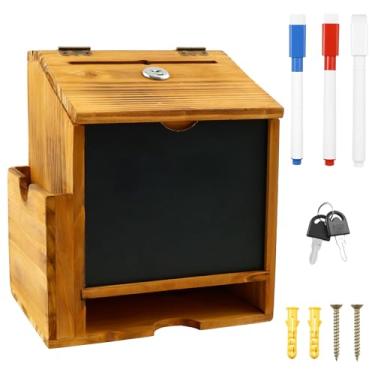 Imagem de DJAPWPX Caixa de sugestões SAFEWood com compartimento e trava, caixa de voto de doação montada na bancada ou na parede, frasco de comentários com quadro-negro criativo e caneta, pote de ponta para