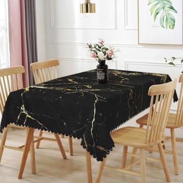 Imagem de Laeacco Toalha de mesa de mármore de 152 x 259 cm, abstrata, preta e dourada, textura de mármore, rachaduras, retangular, lavável, sem vincos, para cozinha, sala de jantar, casa, decoração de festa