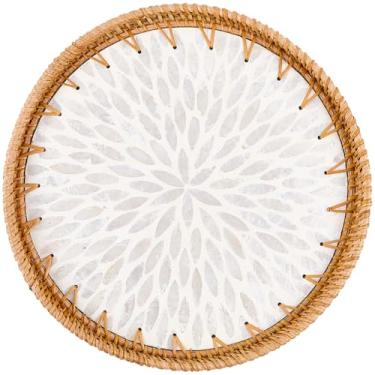 Imagem de CREATCABIN Bandeja de vime redonda de vime para mesa de casa e cozinha, casa de fazenda, sala de chá, festas de jantar, mesa de café, cesta de comida/bebida/frutas, concha de folha branca de 29 cm