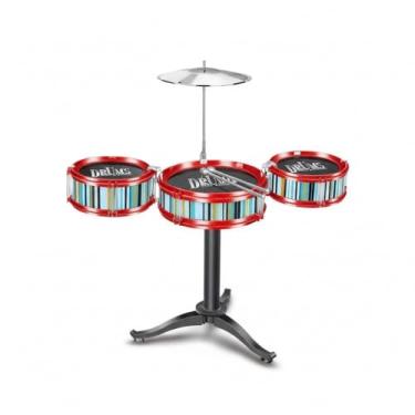 Imagem de Mini Bateria Musical Infantil com 7 Peças, Vermelha e Azul Listrada, Baquetas Inclusas, Sons Realistas, para Desenvolvimento Musical e Coordenação Motora