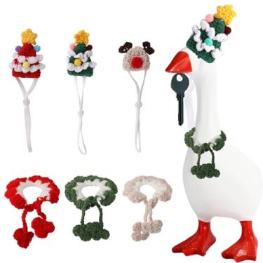 Imagem de 6un Natal Escritório Mesa Ganso Roupas, 3 Mini Chapéus de Ganso de Malha e 3 Golas Natal Árvore e Veado Design Chapéu com Cordão Ajustável para Escritório Mesa Gansas Estátua