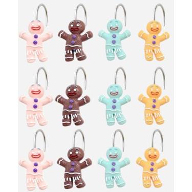 Imagem de YOINIUEM Conjunto de 12 ganchos de cortina de chuveiro para homem de gengibre, lindos anéis de cortina de chuveiro, decoração de banheiro de resina de Natal, durável, design de homem de gengibre