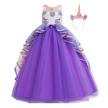 Imagem de FMYFWY Fantasia de unicórnio para meninas, aniversário, concurso, festa, Halloween, Natal, vestido longo de tule com faixa de cabeça roxo 10-11 anos