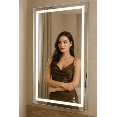 Imagem de Espelho 4mm 60x100 led 3 cor fria neutra quente frontal embutir na Parede Retangulo 0,60 X 1,00 cm jateado lapidado iluminado faixa frontal luz forte ajustavel