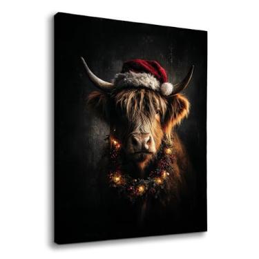 Imagem de YLZlhb Decoração de parede vintage de vaca Highland de Natal, impressões em tela emolduradas de Natal Dark Academia, decorações de arte de parede de vaca highland de inverno rústico para decoração de