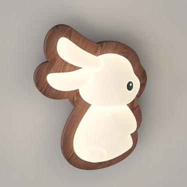 Imagem de Luminária de parede de coelho LED, desenho animado moderno, luminária de parede para quarto infantil, 24 W, abajur de cabeceira de madeira, abajur de PE, luz de coelho de madeira de nogueira