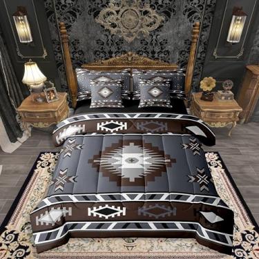 Imagem de Erosebridal Jogo de cama queen com edredom geométrico sudoeste, 7 peças, sudoeste, nativo do sudoeste, para crianças, meninos, meninas, tribal, étnico, indiano, boêmio, com edredom, cinza, marrom
