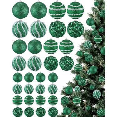 Imagem de Sonwyoung 32 bolas de Natal para pendurar – 3 tamanhos com glitter pérola e lantejoulas enfeites de árvore de Natal bolas de pérolas para guirlanda de árvores de Natal (verde)