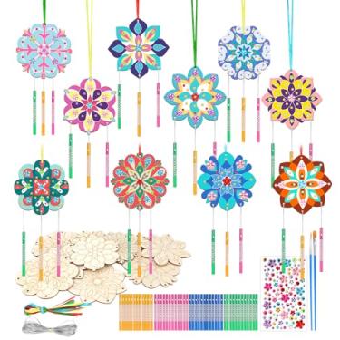 Imagem de SRIZIAN Pacote com 10 kit de sino de vento mandala para crianças, artesanato de madeira para colorir faça você mesmo, atividades para meninas, meninos, decoração de festa de aniversário