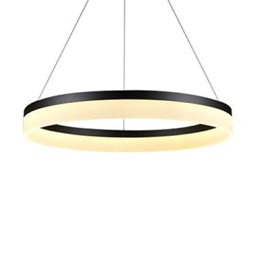 Imagem de Luminária pendente LED de círculo único, moderna, de metal e acrílico, 1 luminária, ajustável, suspensa, para sala de estar, quarto, preta + luz quente, 60 cm
