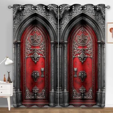 Imagem de HIYSMT Cortinas de porta de castelo gótico, 10,883 cm, cortina blackout do palácio real nórdico, terrível, vermelha, arqueada, retrô, para quarto, sala de estar, decoração de Halloween, 2 painéis