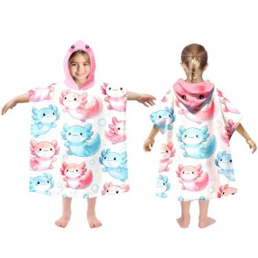 Imagem de Toalhas de praia com capuz para crianças de 8 a 14 anos, lindo tema axolote para meninas, saída de banho para banheiro, 78,7 cm x 99 cm, poncho de toalha de banho grande rosa de secagem rápida