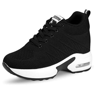 Imagem de AONEGOLD Tênis feminino plataforma plataforma oculto tênis fashion salto anabela casual Air Cushion com cadarço, Preto 1, 8.5