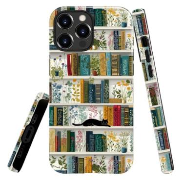 Imagem de heindiy Compatível com iPhone 15 Pro Max, capa brilhante, proteção total, à prova de choque, anti-arranhões, capa de TPU, capas para homem, mulher, prateleira de livros, plantas e gatos