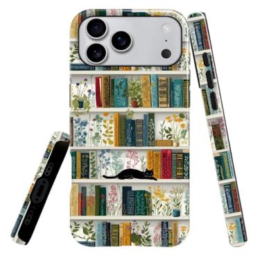 Imagem de heindiy Compatível com iPhone 17 Pro Max, capa brilhante, proteção total, à prova de choque, anti-arranhões, capa de TPU, capas para homem, mulher, prateleira de livros, plantas e gatos