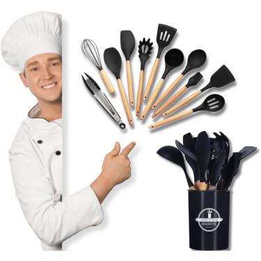 Imagem de Jogo Conjunto Utensílios De Cozinha Silicone Cabo Em Madeira Tratada 12 Peças Premium - Preto