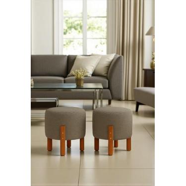 Imagem de Kit 2 Puffs Sala Redondos Eros Linho Banqueta Pés Madeira Retrô Decora