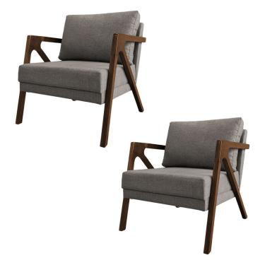 Imagem de Kit 2 Poltronas Mona Monique Luxo Base Madeira Maciça Mel Linho Grafite