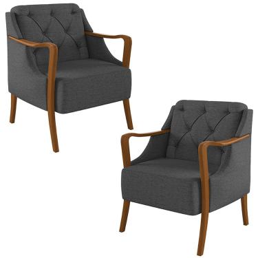 Imagem de Kit 2 Poltronas Decorativas Braços em Madeira Hand Linho Chumbo - Gran Belo