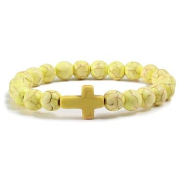 Imagem de Pulseira com contas de pedra vulcânica, pingente de cruz, contas de pedra vulcânica natural, pulseira elástica turquesa para mulheres e homens, joias religiosas, presente de batismo, Medium, Pedra