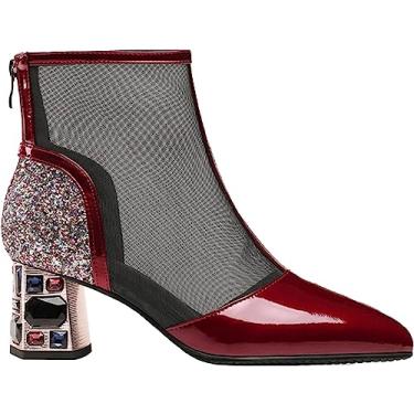 Imagem de Botas femininas de salto alto com zíper malha patchwork botas de inverno quentes botas de neve botas de cano curto, Vinho, 34 BR