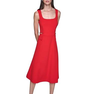 Imagem de Karl Lagerfeld Vestido midi feminino sem mangas gola quadrada com acabamento em corrente Scuba Crepe, Vermelho flamejante, 42