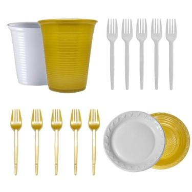 Imagem de Kit 150 Itens Descartaveis 50 Pratinho 50 Garfinho 50 Copo Descartavel Ano Novo Natal Decoração (Kit Dourado)