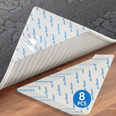 Imagem de 8 peças de pegadores de tapete para pisos de madeira, adesivos de fita antiderrapante reutilizáveis de dupla face para tapetes de área, tapetes antiderrapantes mantêm os tapetes no lugar
