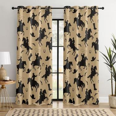 Imagem de Cortinas blackout caubói ocidentais – 100% blackout rústico estilo rodeio ocidental e cowboy, redução de ruído com isolamento térmico para quarto, sala de estar e caverna masculina (Silhouette Rodeo
