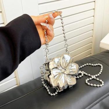 Imagem de Bolsa clutch dourada para mulheres, bolsa de acrílico com alça superior para noite, bolsa de flores com corrente para festa de casamento, Flor de prata, Small