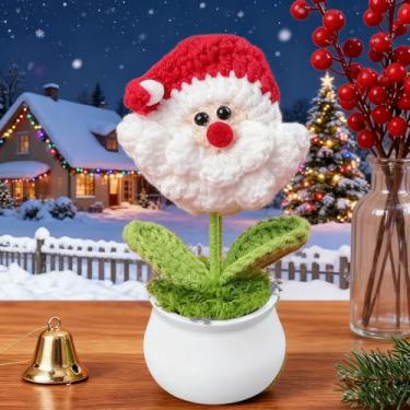 Imagem de 1 peça de decoração feita à mão de Papai Noel, enfeite festivo de vaso de flores com design de lã de malha, decoração de mesa para casa