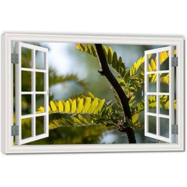 Imagem de Luz brilhando através das folhasTela falsa de janela que economiza espaço, arte de parede cênica realista para quarto, casa, 39,9 x 59,9 cm emoldurada