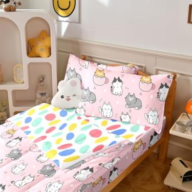 Imagem de Yadangxiawa Jogo de edredom infantil, solteiro com zíper, estampa de gatos, com manchas coloridas, lençol com elástico e fronhas para todas as estações (gatos)