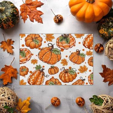 Imagem de Jogo americano de abóbora de Dia das Bruxas 29 x 43 cm – Design de outono preenchido com abóboras, tapete de jantar lavável resistente ao calor para cozinha, mesa de centro e decoração de festa