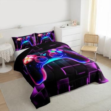 Imagem de Erosebridal Conjunto de edredom infantil King, controle de videogame, gamepad, neon brilhante, quadrado, geométrico, roxo, decoração de quarto