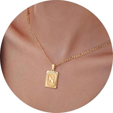 Imagem de Colar masculino com inicial, pingente de letra retangular de A a Z, corrente de aço inoxidável banhada a ouro, joia de monograma personalizada, 20in, Aço inoxidável, Sem Pedra Preciosa