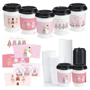 Imagem de Yungyan Pacote com 50 xícaras de café descartáveis de Natal de 340 g com tampas e mangas de café com tampas planas e mangas para festa de Natal, chocolate quente, chá de cacau (rosa Natal)