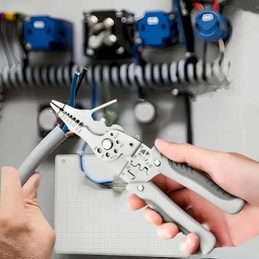 Imagem de 1 peça Ferramenta de crimpagem de descascador de fios 28 em 1 - Alicate elétrico autoajustável profissional com aderência ergonômica para corte, decapagem e crimpagem de cabos, cinza