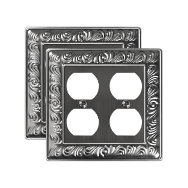 Imagem de TREEWELL Pacote com 2 capas de tomada dupla e dupla face, placas de interruptor de metal prata antiga e tampas de tomada, placas decorativas de parede padrão Paisley para tomadas elétricas, 2 capas de