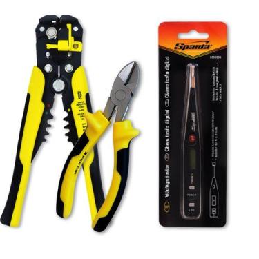 Imagem de Kit Eletrica 3pçs Chave Medidor de Tomada Alicate Decapador e Diagonal