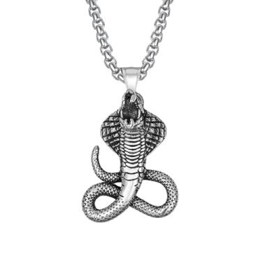 Imagem de Colar masculino com pingente de cabeça de cobra retrô de aço inoxidável, corrente de cruz gótica, estilo punk rock, acessório de presente para namorado ou amigo, 60cm, Aço inoxidável, Sem Pedra