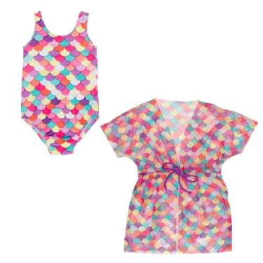 Imagem de Kit Maiô Praia + Saída De Praia Vestido Tule Infantil Menina - Fofotin