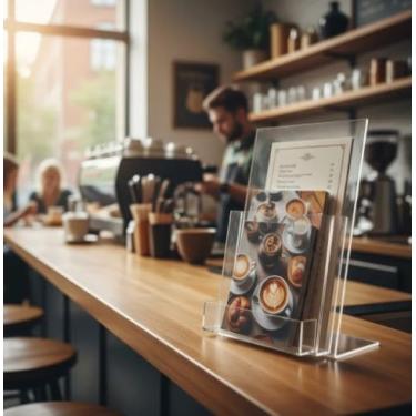 Imagem de Display Porta Folder A6 em Acrílico Transparente, Base para Mesa e Balcão com Porta Cartão, 16cm x 12cm, Corte a Laser, Material Premium