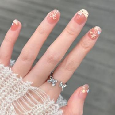 Imagem de Pressionar unhas curtas médias quadradas francesas olho de gato cola falsa unhas com design simples de coração estrela cobertura completa bastão falso artificial em unha de acrílico para mulheres