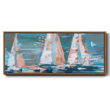 Imagem de Renditions Gallery Arte abstrata de parede para decoração de casa multicolorida rústica barcos à vela flutuantes pinturas de arte para escritório lounge escola - moldura de nogueira de 30,5 x 76,2 cm